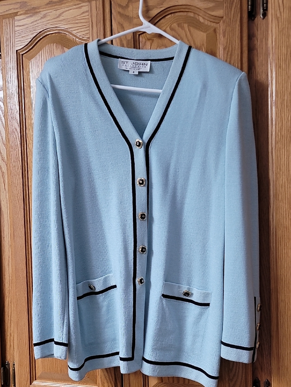 St. John Powder Blue Knit Cardigan with Black Trim and Gold Buttons